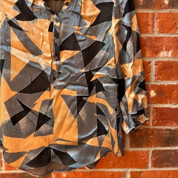 Diane Von Furstenberg Womens 4 Glassglow Silk Gold Black Geometric Blouse - Picture 4 of 10
